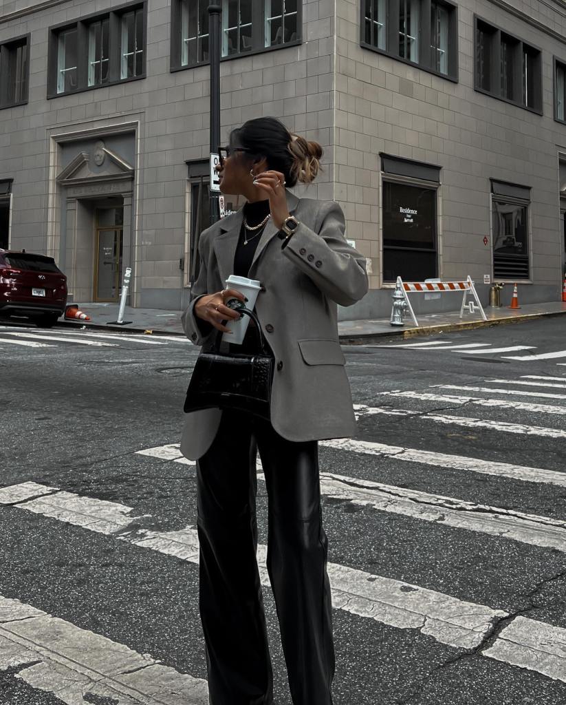 Gray Oversized Blazer Over Black Turtleneck and Wide Leg Trousers — Classy Outfits