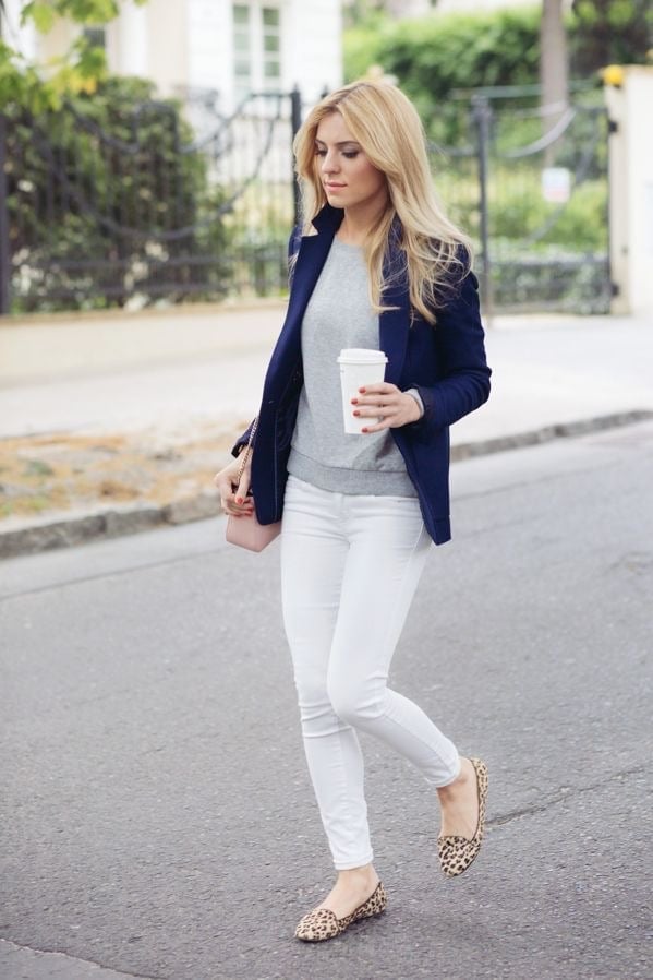 Navy Blazer Over Gray Sweater and Slim White Jeans — Classy Outfits