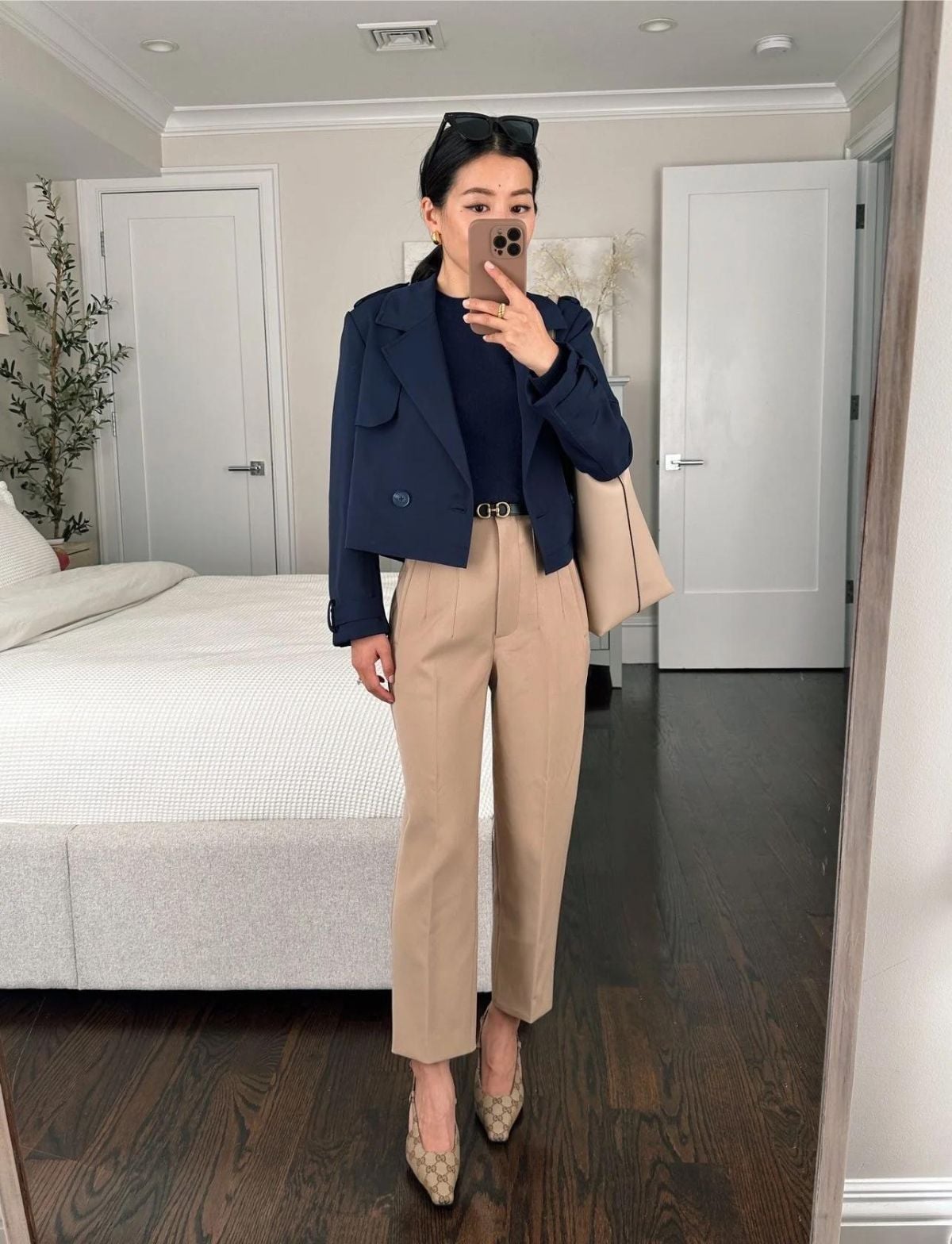 Navy Cropped Jacket with Beige Tailored Trousers — Classy Outfits
