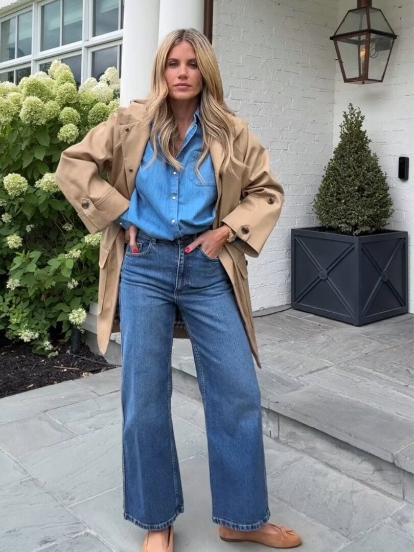 Tan Trench Coat Over Denim Shirt and Wide Leg Jeans — Classy Outfits