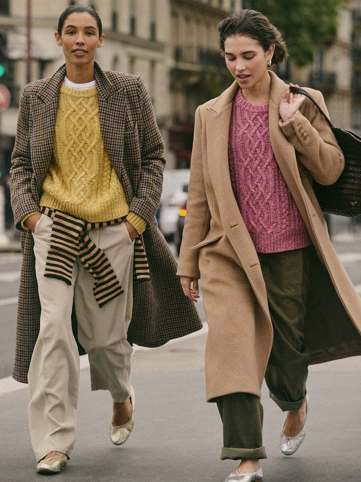 Checked Long Coat with Cable Knit Sweater and Cream Trousers — Classy Outfits