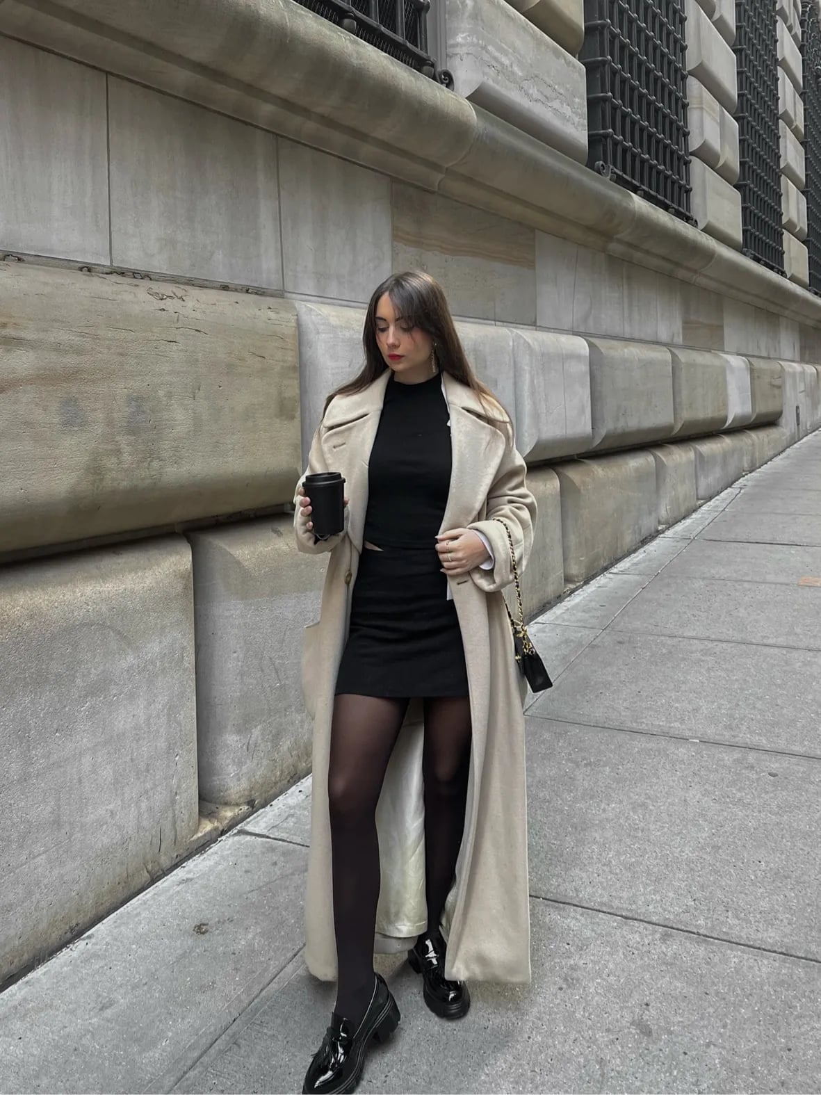 Long Beige Coat Over Mock Neck Top and Mini Skirt — Classy Outfits