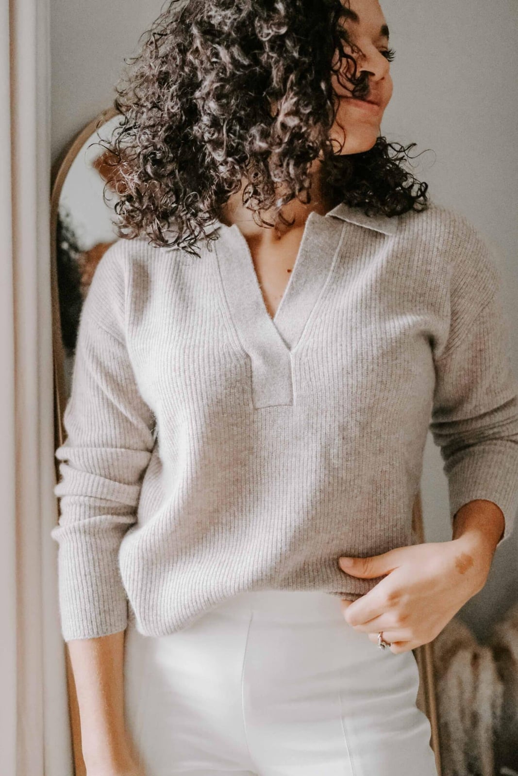 Light Gray Ribbed Knit Polo Sweater with White Trousers — Classy Outfits
