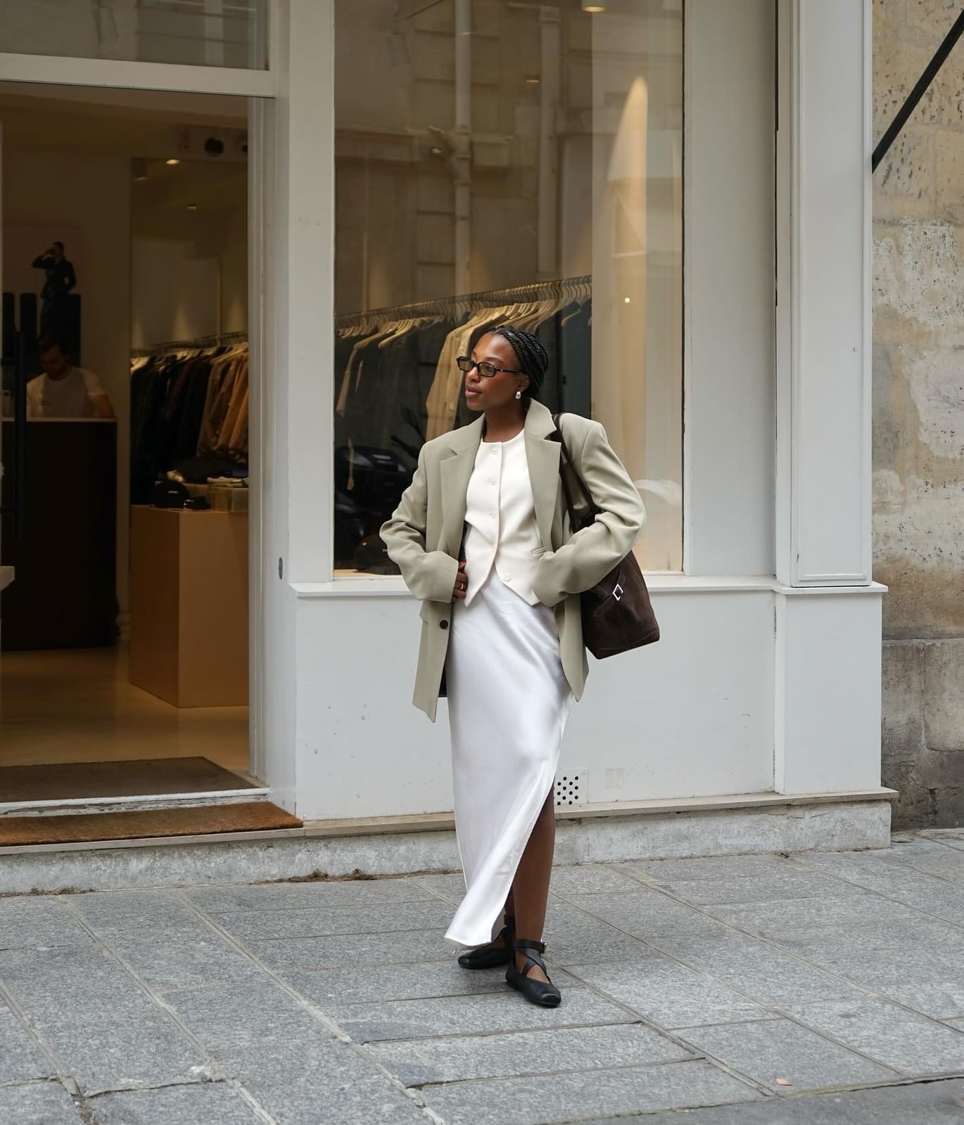 Gray Oversized Blazer Over Cream Waistcoat and Satin Slip Skirt — Classy Outfits