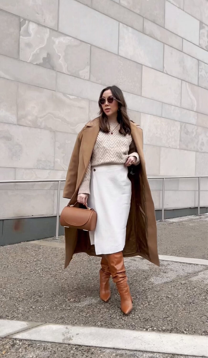 Camel Wool Coat Over Cream Sweater and White Faux Wrap Skirt — Classy Outfits