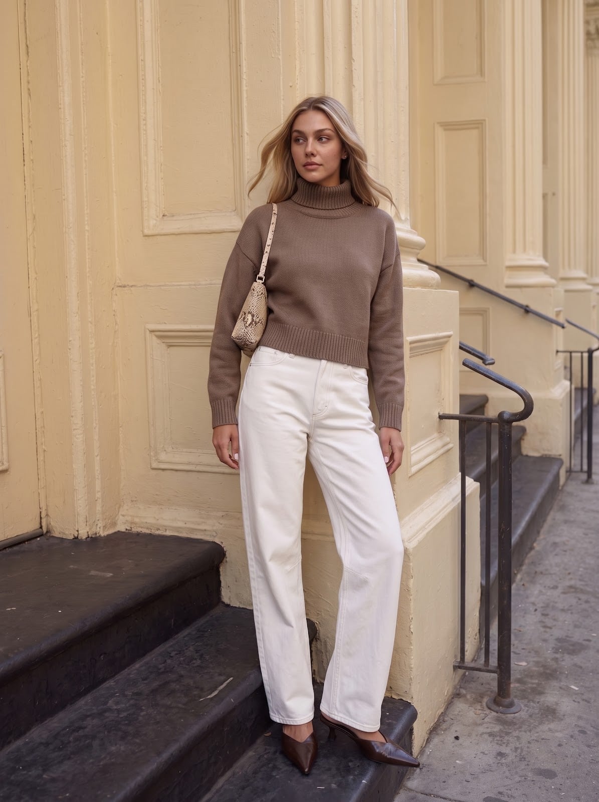 Brown Textured Turtleneck with Wide Leg Jeans — Classy Outfits