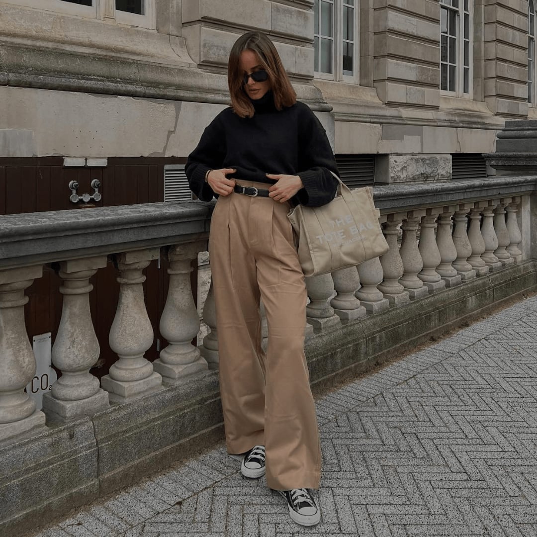 Black Turtleneck with Wide Leg Beige Trousers and Sneakers — Classy Outfits