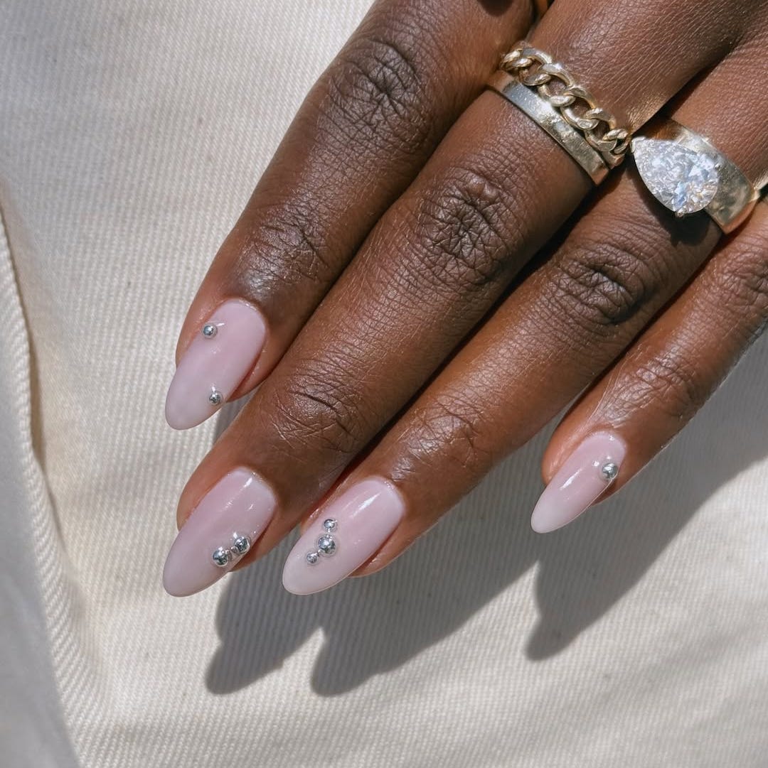 Sheer Milky Pink With Rhinestone Accents Sheer Milky Pink With Rhinestone Accents — Clean Girl Nails