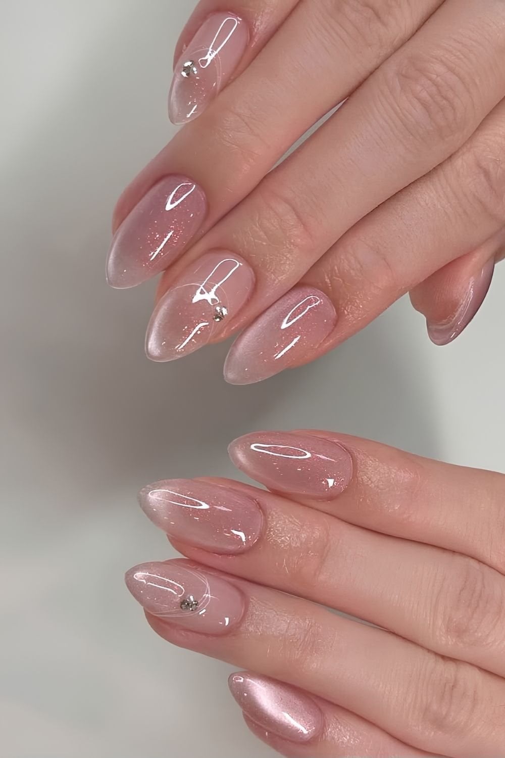 Sheer Pink Cat-Eye Medium Almond Nails Sheer Pink Cat-Eye Medium Almond Nails — Clean Girl Nails