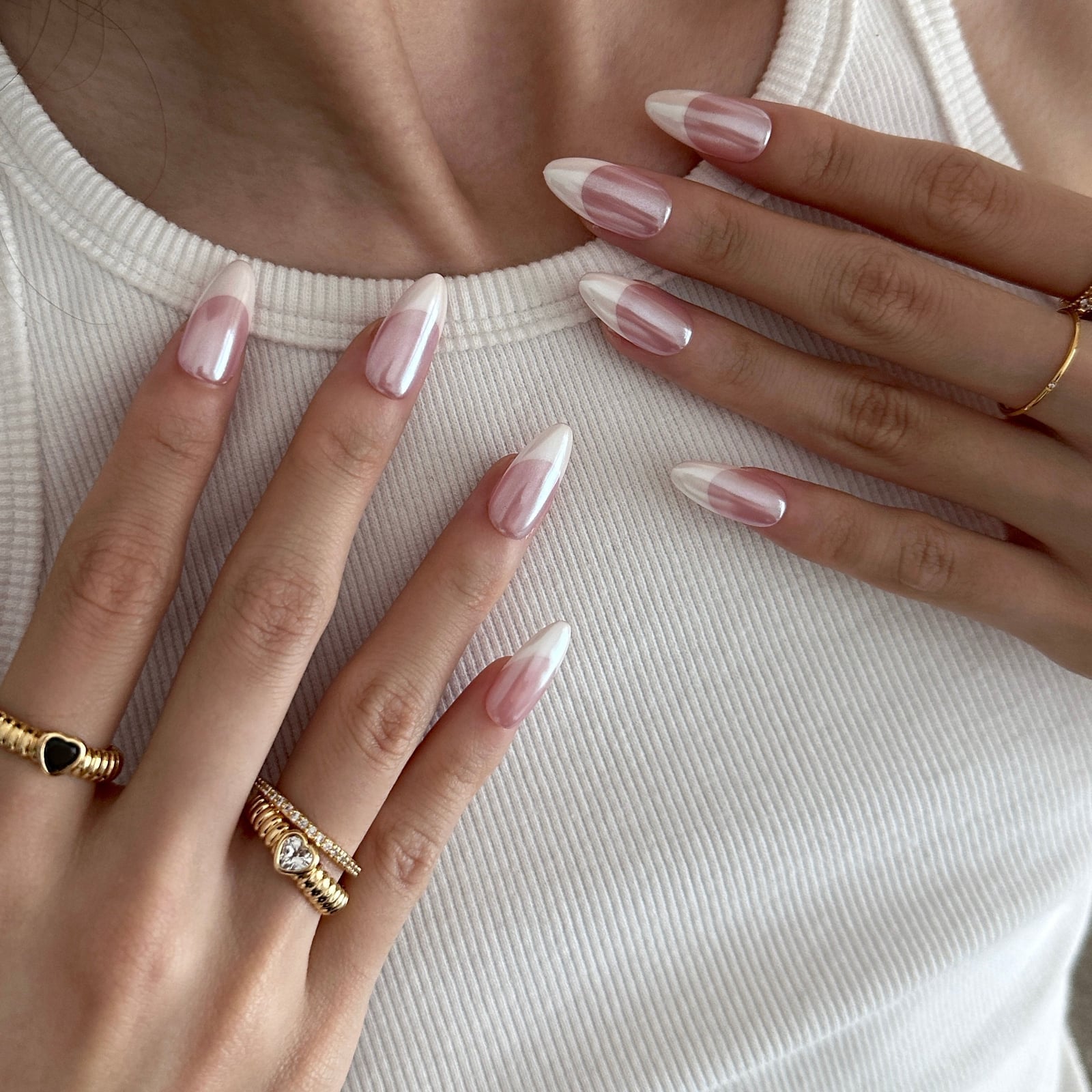 Milky Chrome Almond French Tip Nails Milky Chrome Almond French Tip Nails — Clean Girl Nails