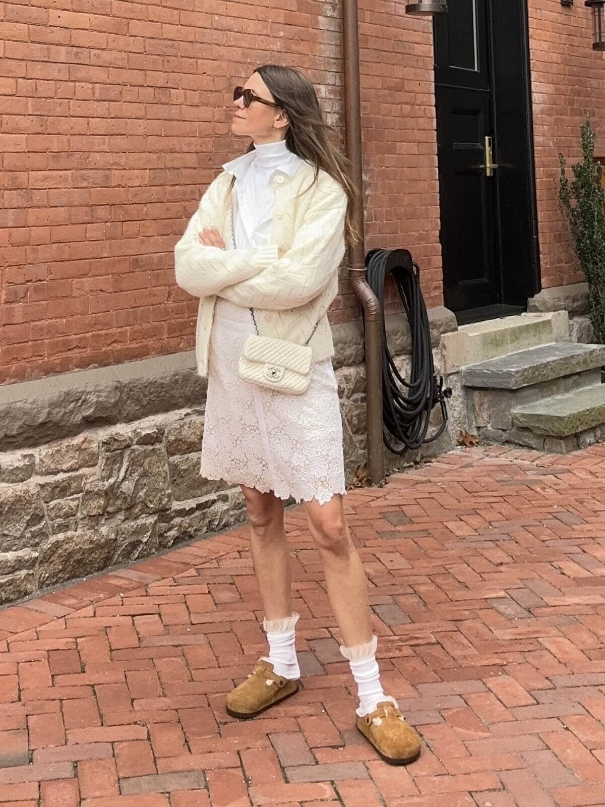 Shearling Clogs with Lace Dress and Cardigan and Crossbody Bag Shearling Clogs with Lace Dress and Cardigan and Crossbody Bag — Clogs Outfits