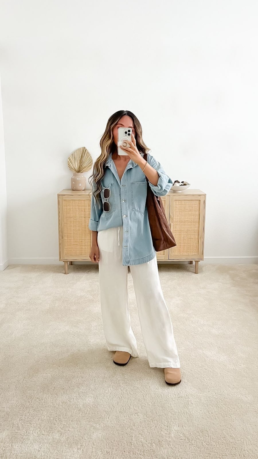 Tan Clogs with Denim Shirt and Linen Pants Tan Clogs with Denim Shirt and Linen Pants — Clogs Outfits