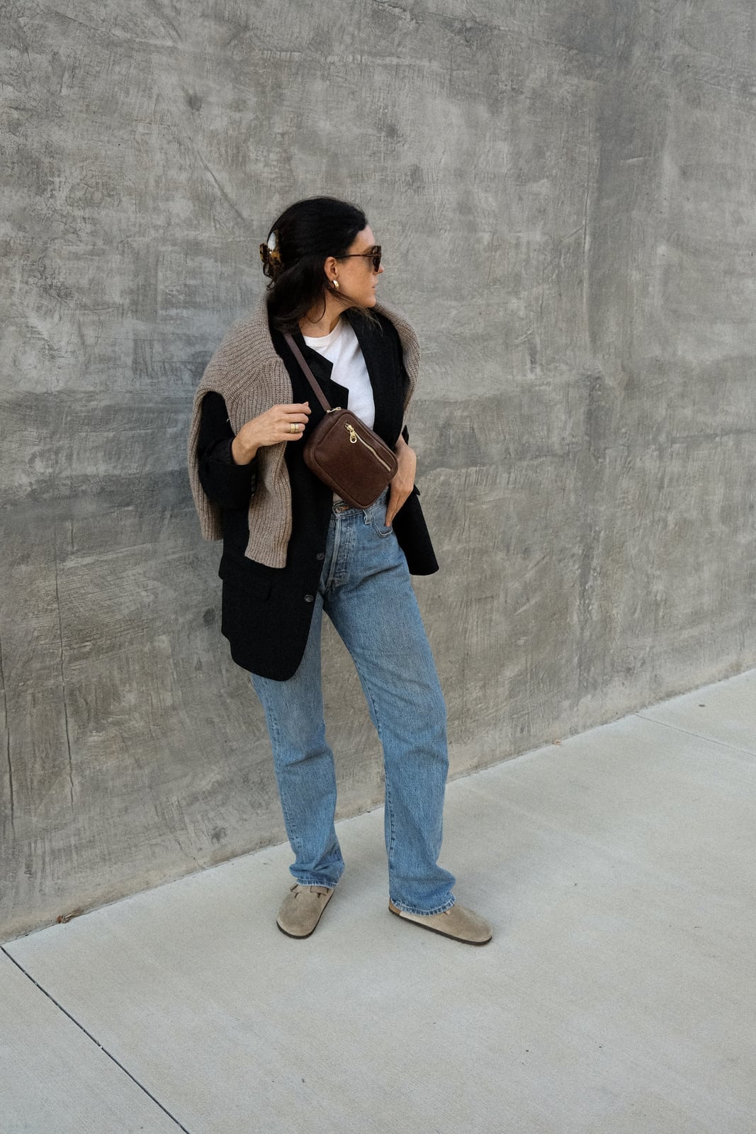 Tan Clogs with Blazer and Draped Sweater Tan Clogs with Blazer and Draped Sweater — Clogs Outfits