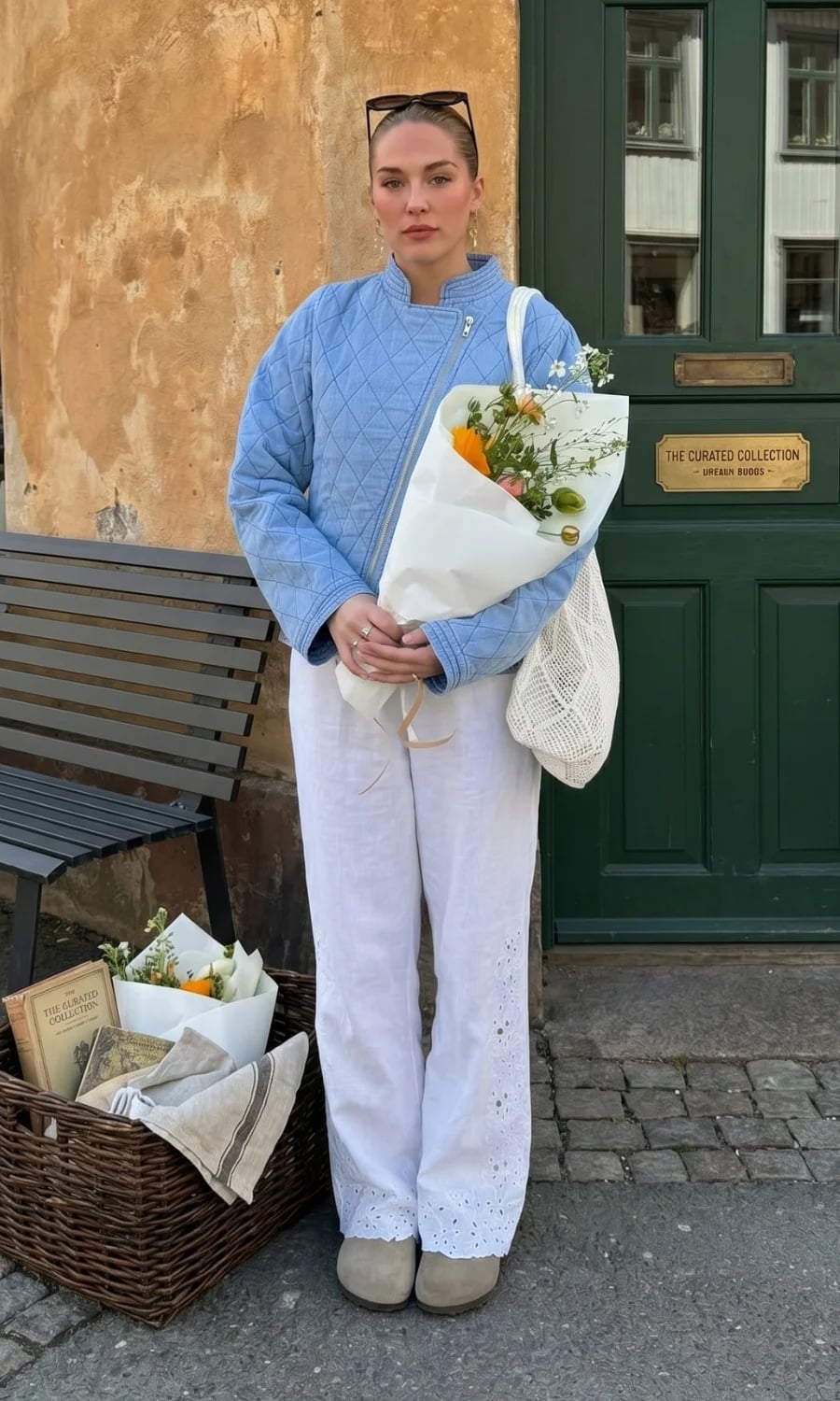 Beige Clogs with Quilted Jacket and Linen Pants, Close-Up Take Beige Clogs with Quilted Jacket and Linen Pants, Close-Up Take — Clogs Outfits