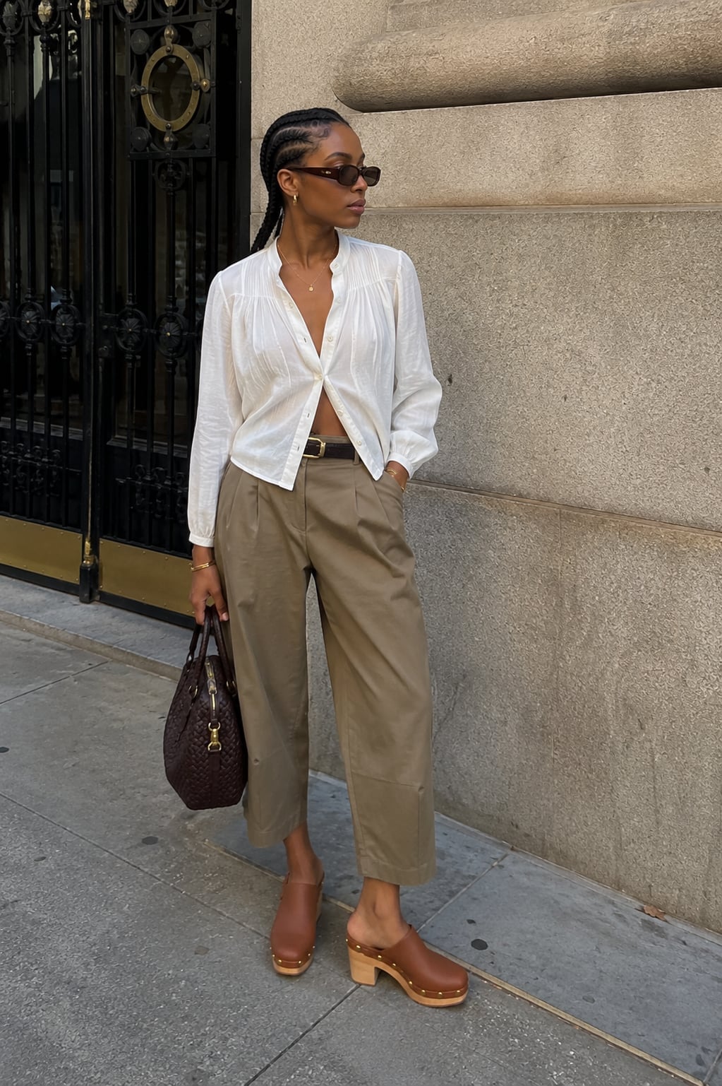 Olive Green Trousers with Wooden Sole Clogs Olive Green Trousers with Wooden Sole Clogs — Clogs Outfits