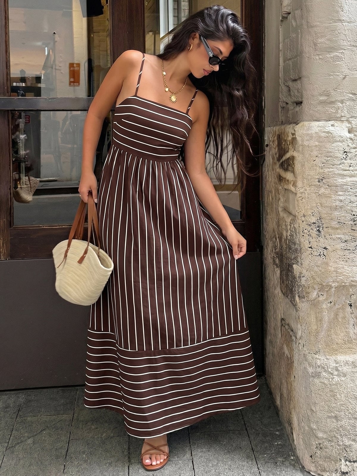 Brown and White Striped Maxi Dress for Vacation — Coastal Style