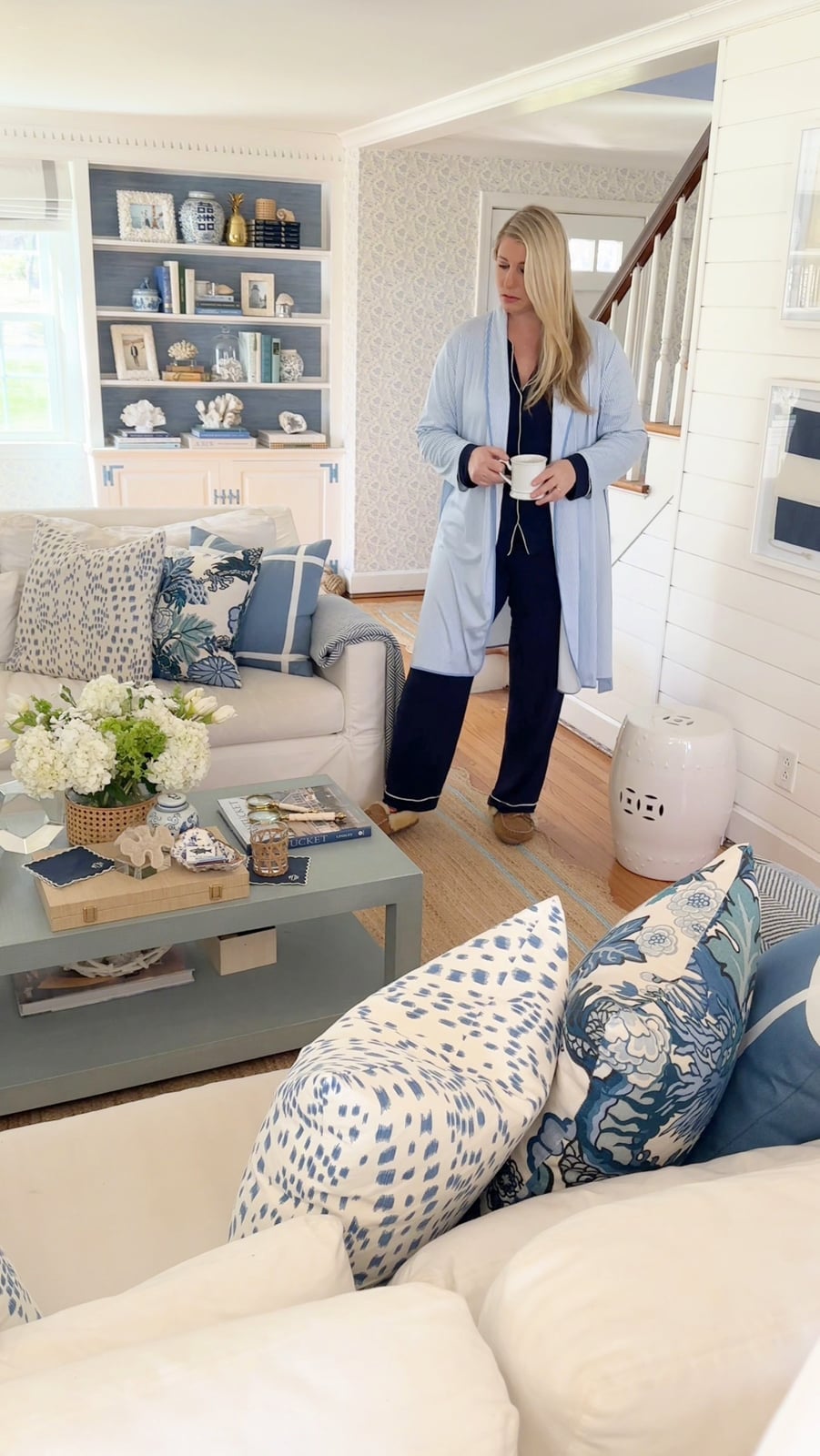 Light Blue Loungewear for Casual Home With Robe Over Pajamas — Coastal Style