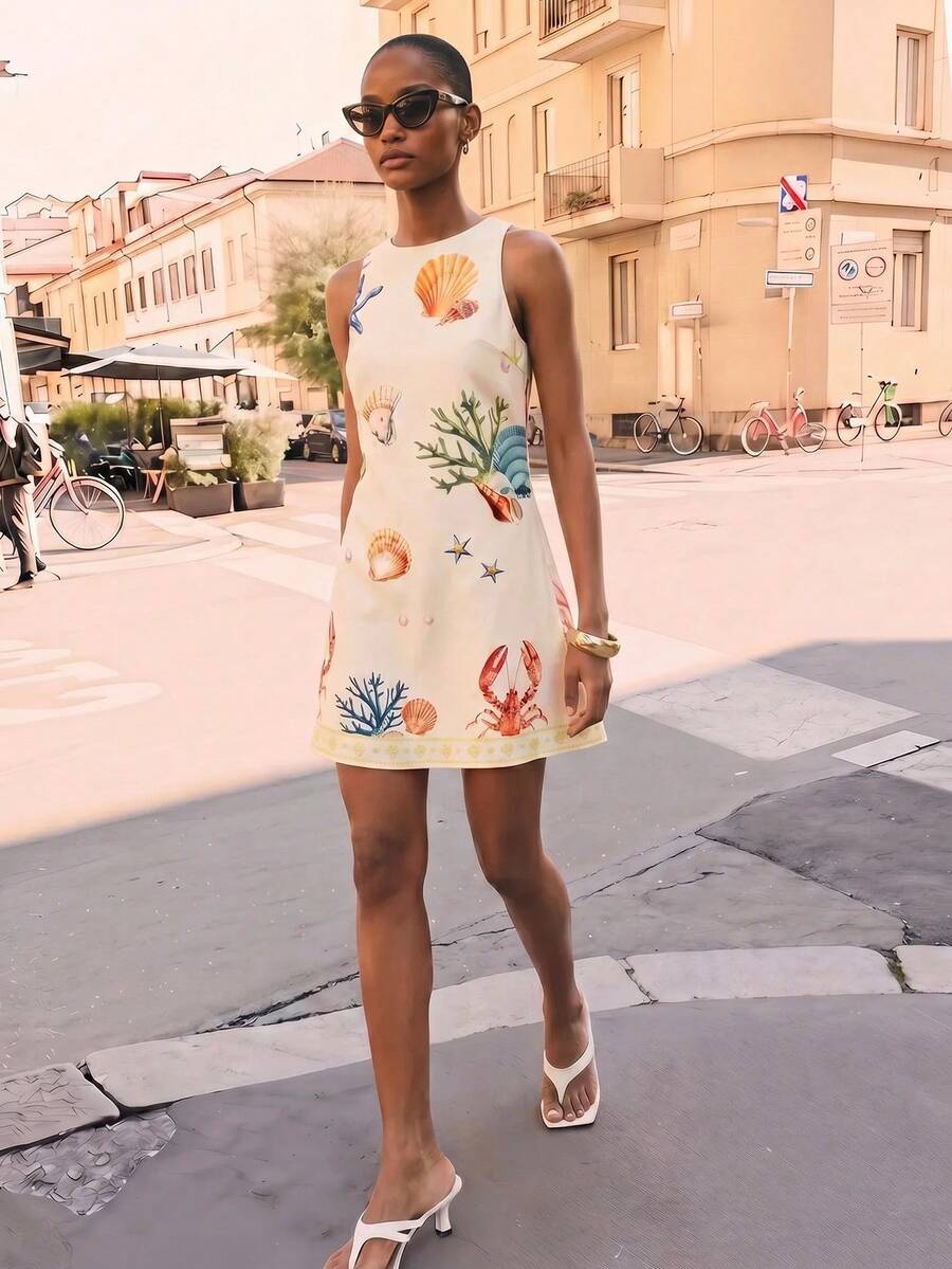 Cream Printed Mini Dress for Summer Style With A Gold Cuff Bracelet — Coastal Style