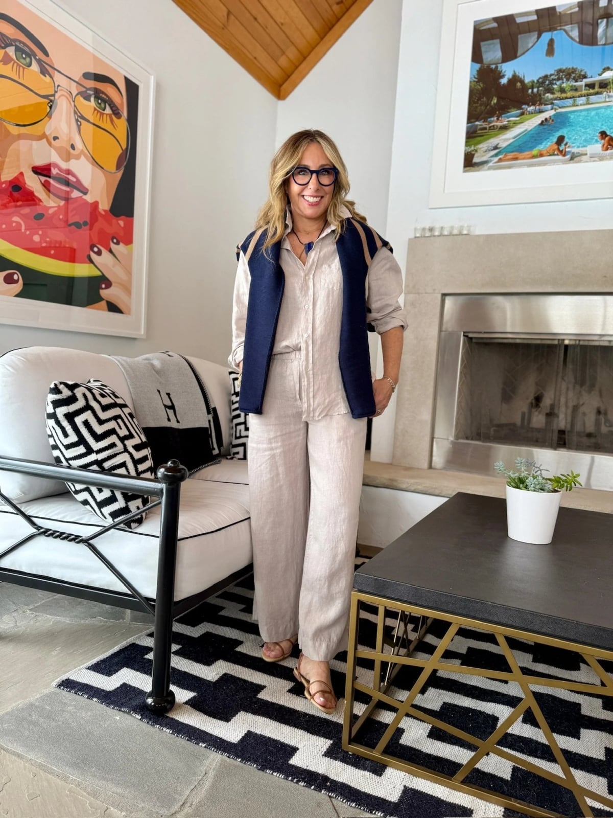 Beige Linen Pantsuit With Navy Knit Vest and Wide Leg Pants — Coastal Style