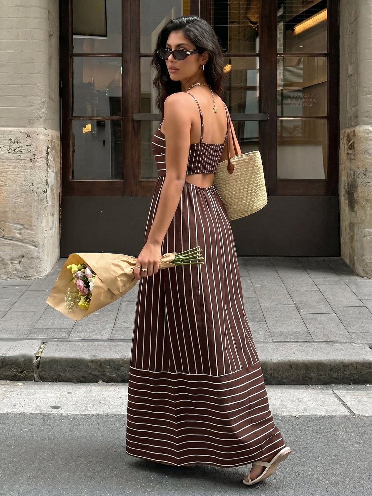 Brown and White Striped Maxi Dress for Vacation With Straw Tote Bag — Coastal Style