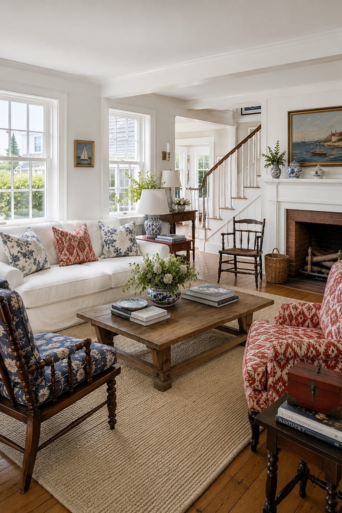 Classic Living Room With Blue and White Accents — Coastal Style