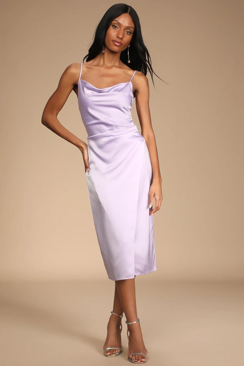 Lavender Satin Midi Dress With Cowl Neck Lavender Satin Midi Dress With Cowl Neck — Cocktail Dresses