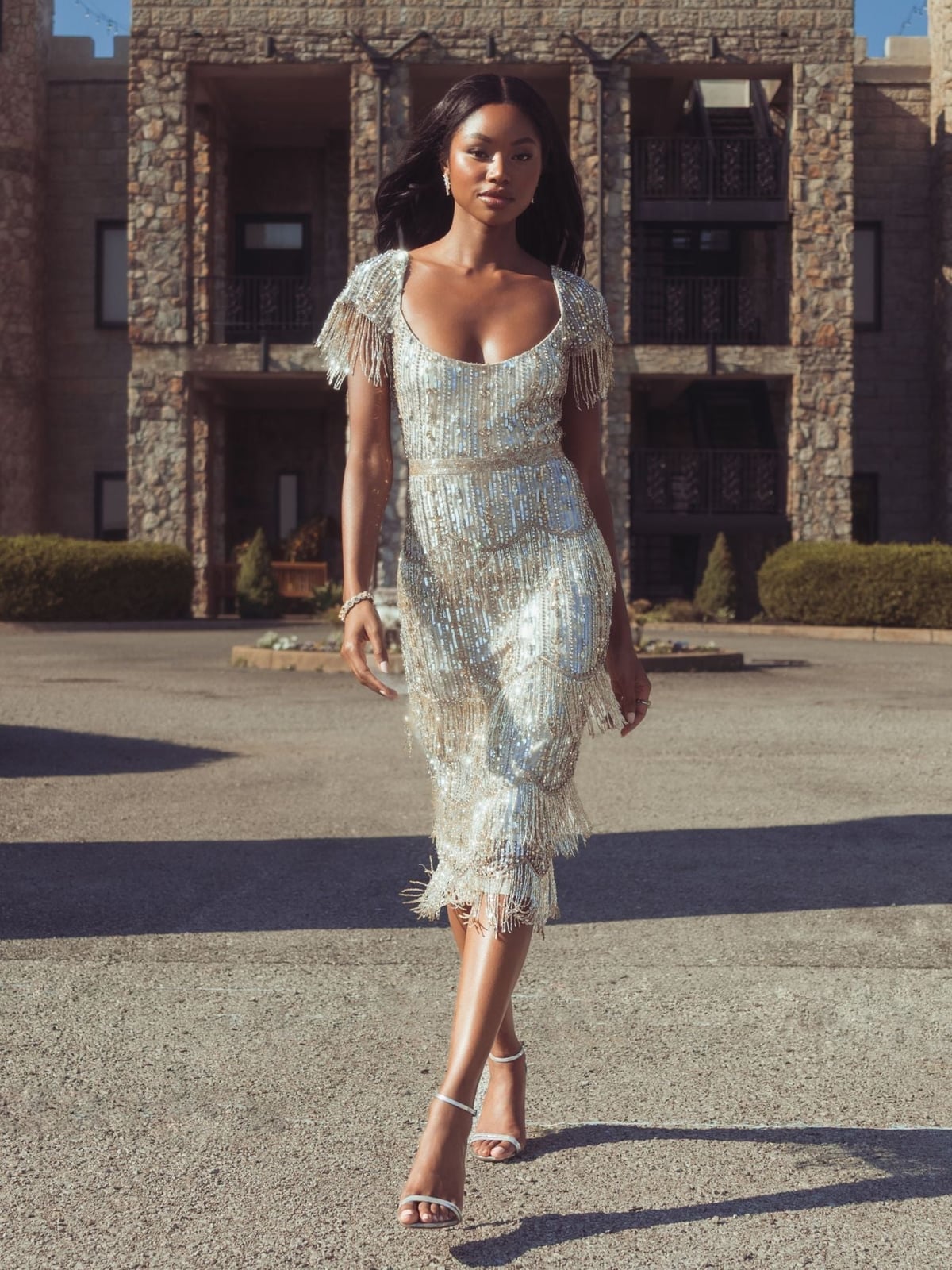 Silver Sequin And Fringe Embellished Midi Dress Silver Sequin And Fringe Embellished Midi Dress — Cocktail Dresses