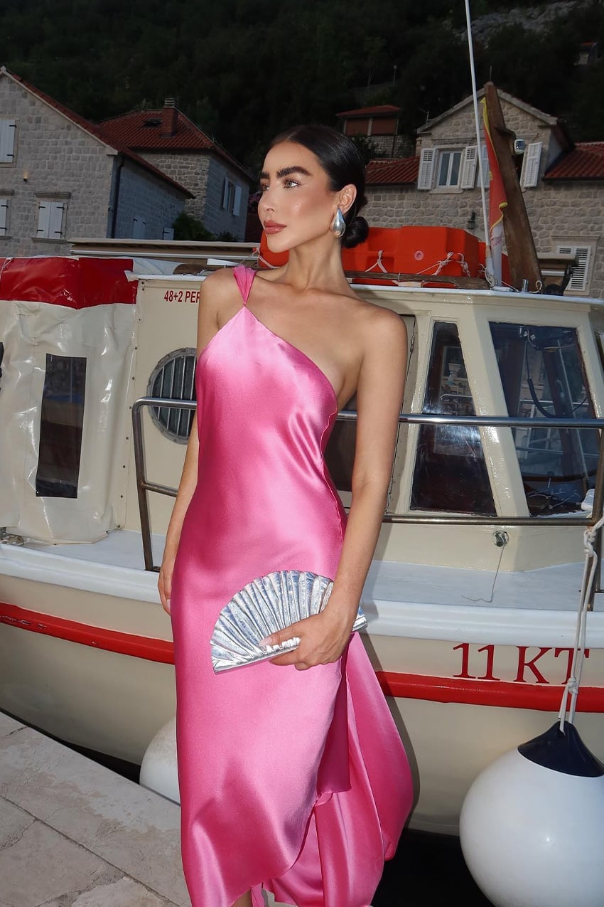 Hot Pink One-Shoulder Satin Dress With Bias Cut Hot Pink One-Shoulder Satin Dress With Bias Cut — Cocktail Dresses