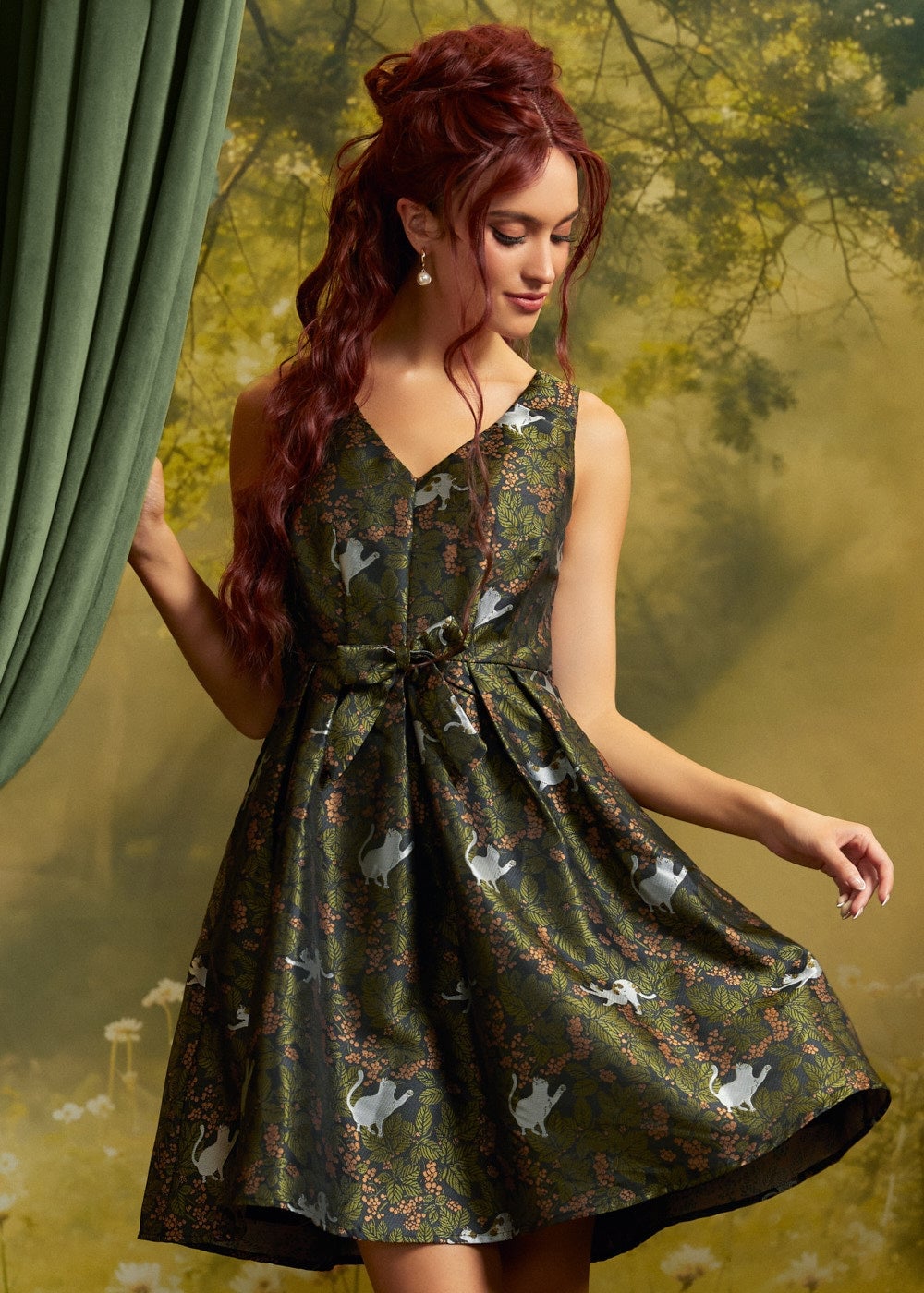 Dark Green Brocade Dress With Animal Print And Bow Dark Green Brocade Dress With Animal Print And Bow — Cocktail Dresses