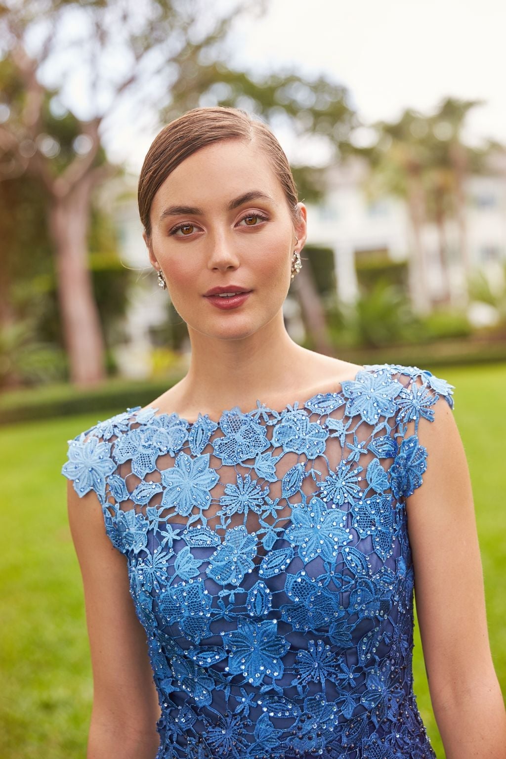 Blue Lace Dress With Intricate Floral Overlay Blue Lace Dress With Intricate Floral Overlay — Cocktail Dresses