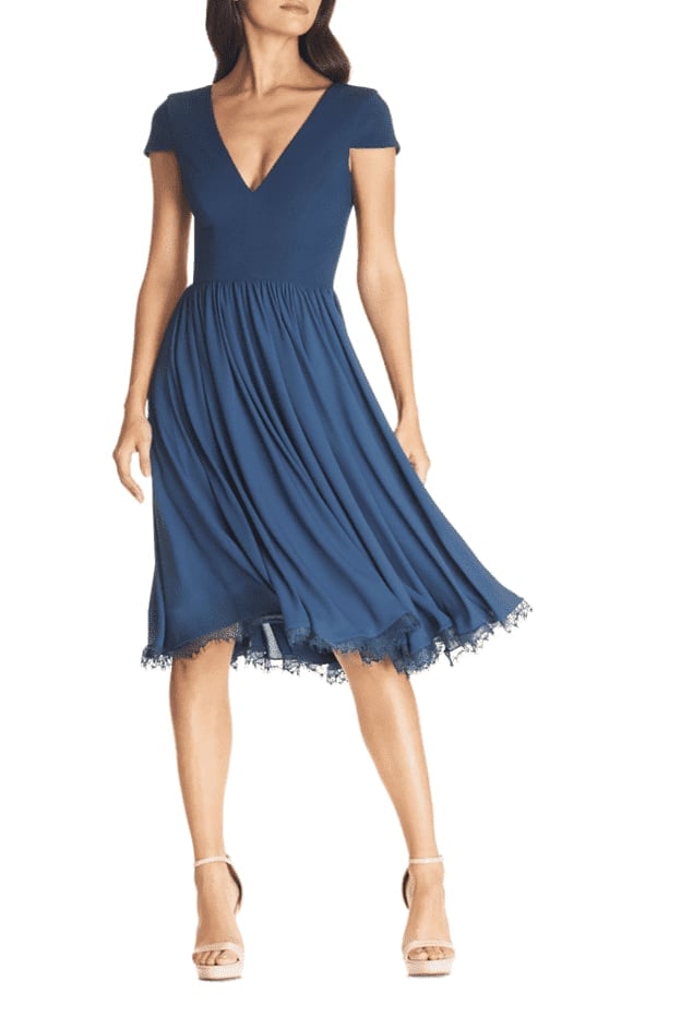 Deep Blue Fit-And-Flare Midi Dress With Lace Trim Deep Blue Fit-And-Flare Midi Dress With Lace Trim — Cocktail Dresses