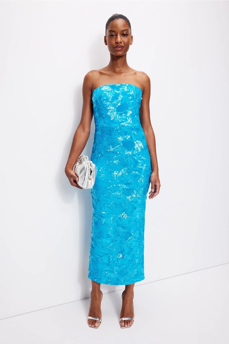 Bright Blue Strapless Sequined Column Midi Dress Bright Blue Strapless Sequined Column Midi Dress — Cocktail Dresses