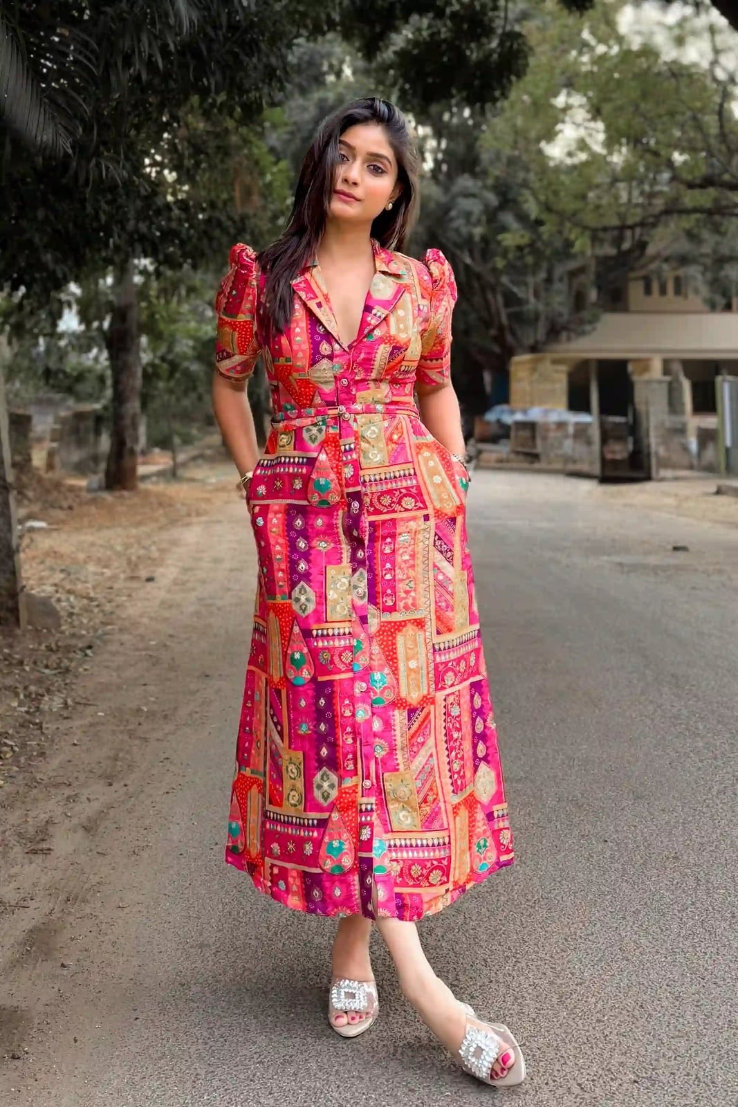 Geometric Print Belted A-Line Midi Dress Geometric Print Belted A-Line Midi Dress — Cocktail Dresses