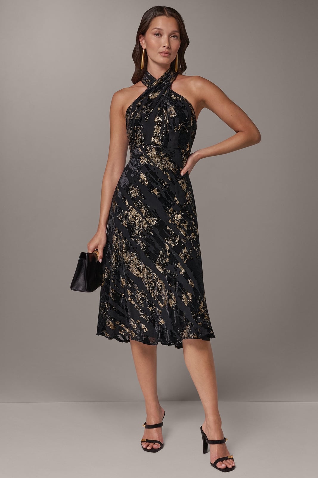 Black Halter Neck Dress With Gold Abstract Print Black Halter Neck Dress With Gold Abstract Print — Cocktail Dresses