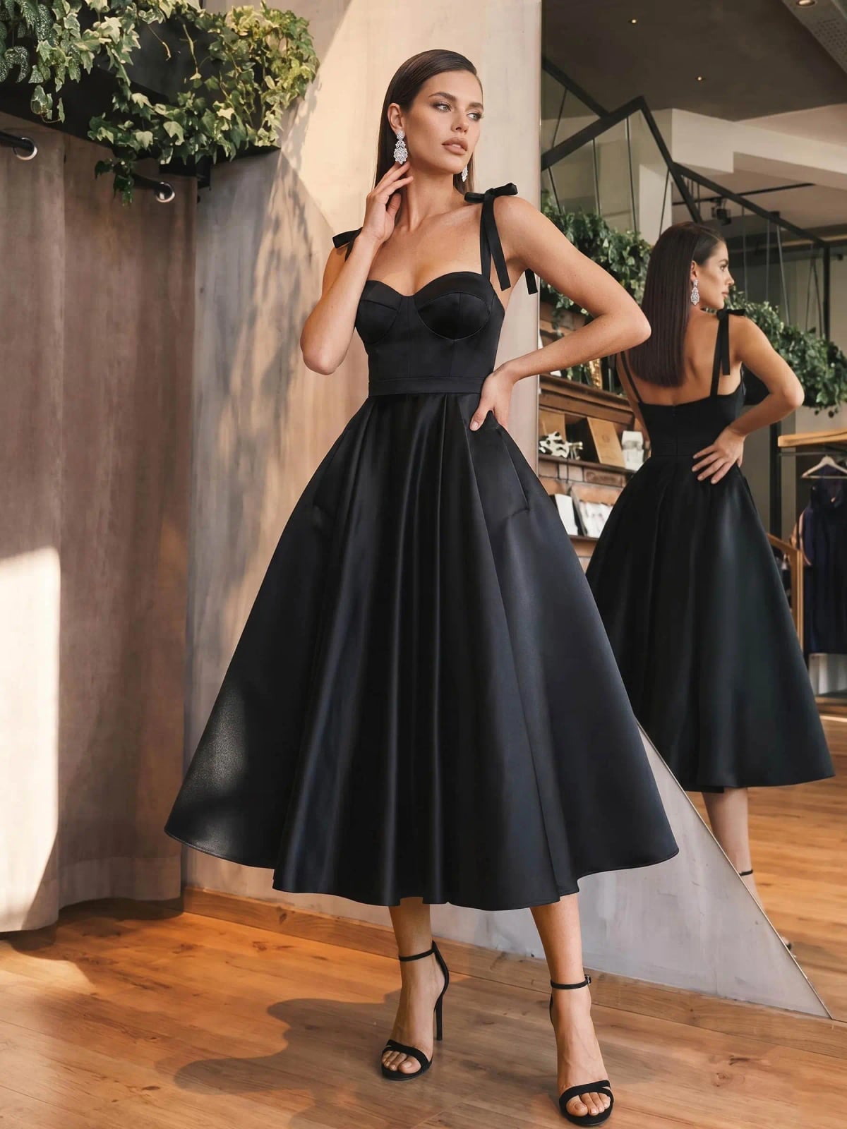 Classic Black Satin A-Line Midi Dress Classic Black Satin A-Line Midi Dress — Cocktail Dresses