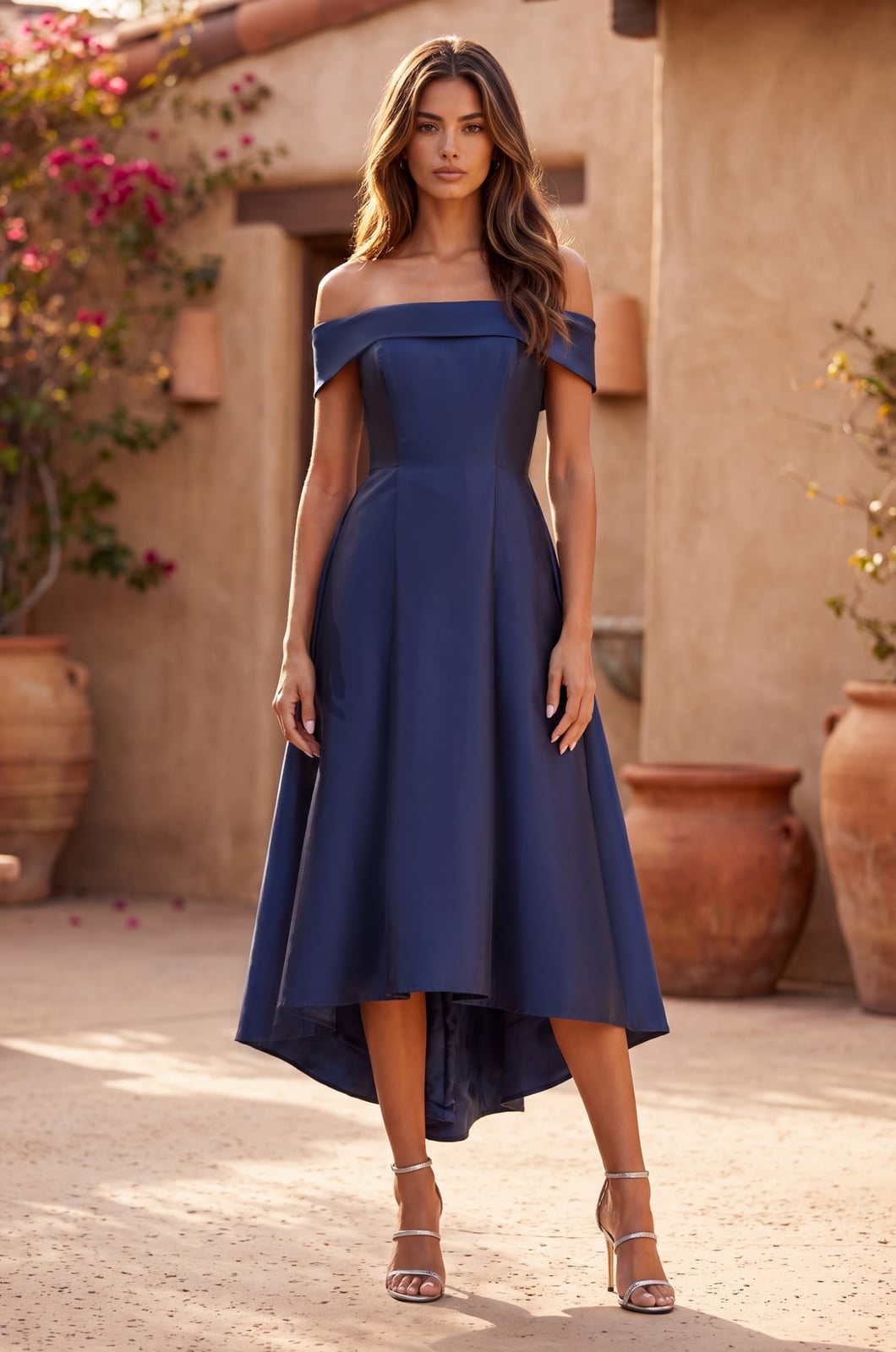 Navy Blue Satin Fit-And-Flare High-Low Dress Navy Blue Satin Fit-And-Flare High-Low Dress — Cocktail Dresses