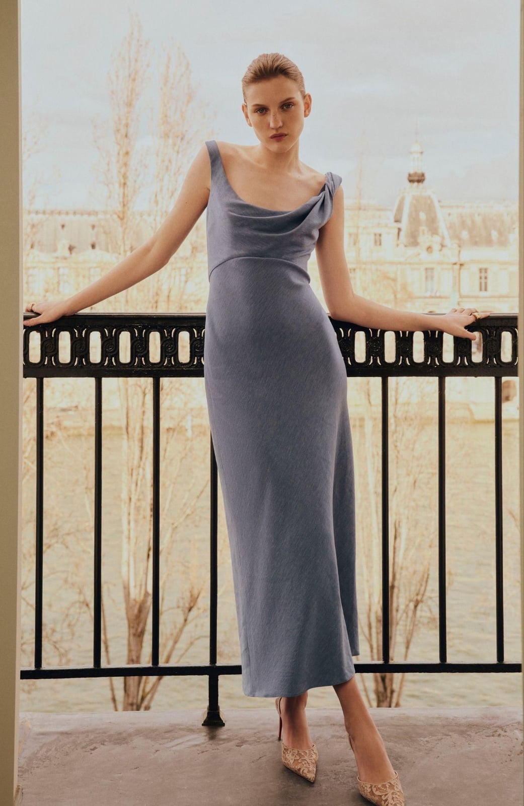 Dusty Blue Knit Midi Dress with Draped Neckline — Cocktail Dresses Wedding