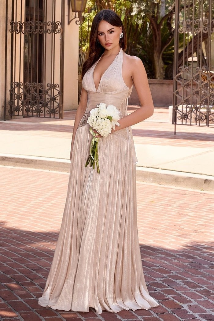Champagne Gold Halter Dress with Metallic Pleats — Cocktail Dresses Wedding