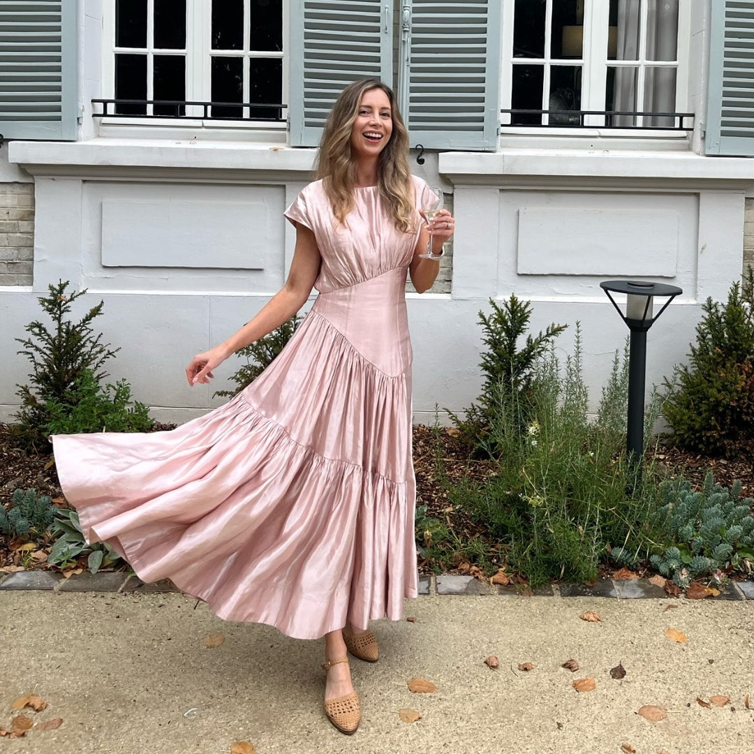 Flowing Pink Satin Midi Dress with Tiered Skirt — Cocktail Dresses Wedding