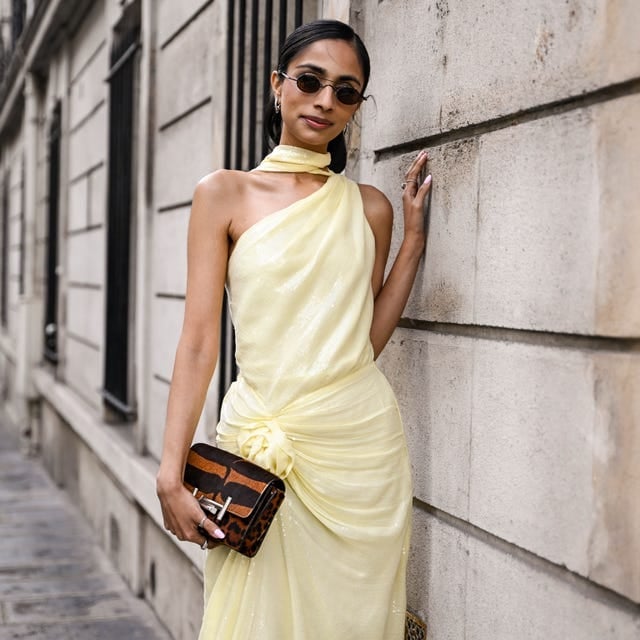 Pale Yellow Sequined Dress with Draped Knot Detail — Cocktail Dresses Wedding