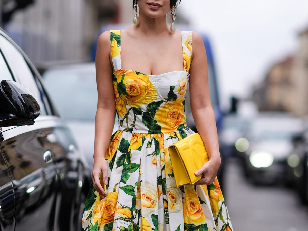 Yellow and White Floral Print Dress with Full Skirt — Cocktail Dresses Wedding