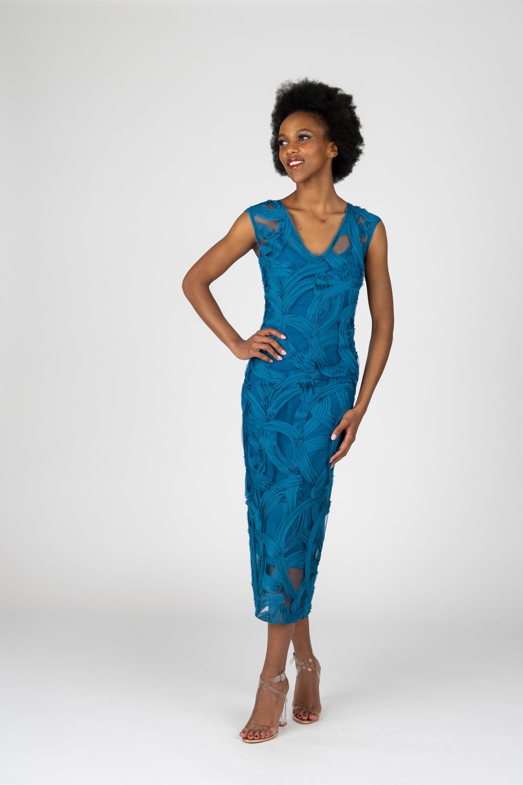 Teal Blue Lace Cocktail Dress with Textured Overlay, Close-Up Take — Cocktail Dresses Wedding