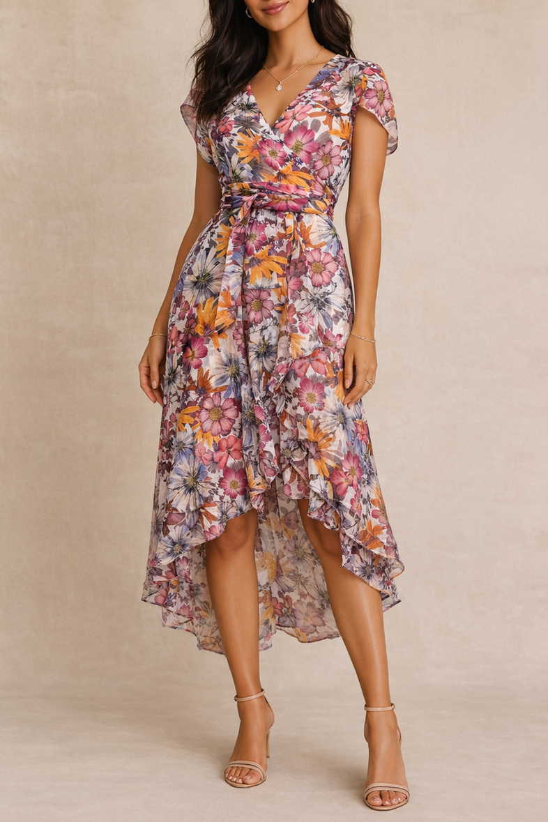 Multi-colored Floral Chiffon Midi Dress, Everyday Version — Cocktail Dresses Wedding