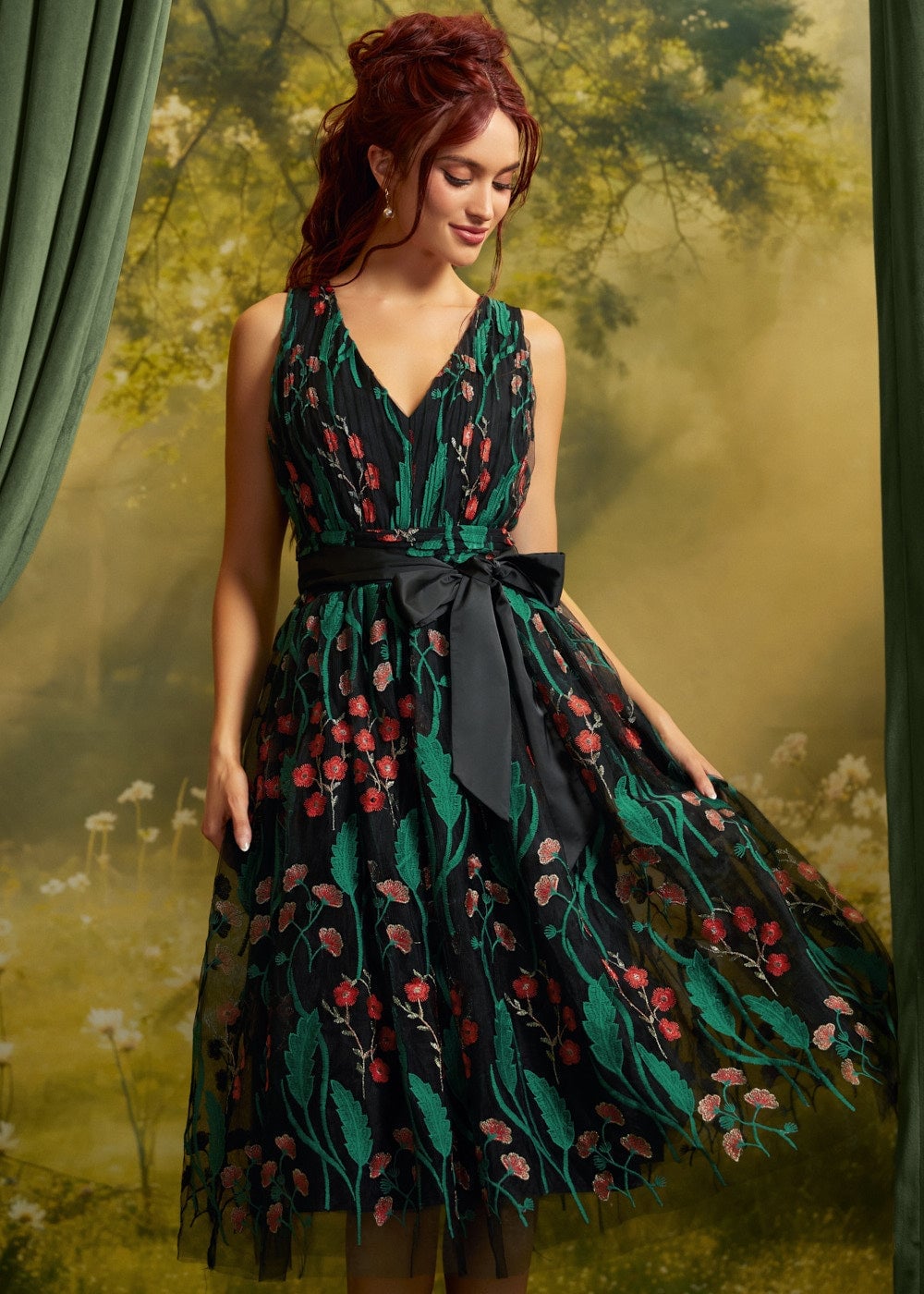 Black Dress with Floral Embroidery and Sash Belt — Cocktail Dresses Wedding