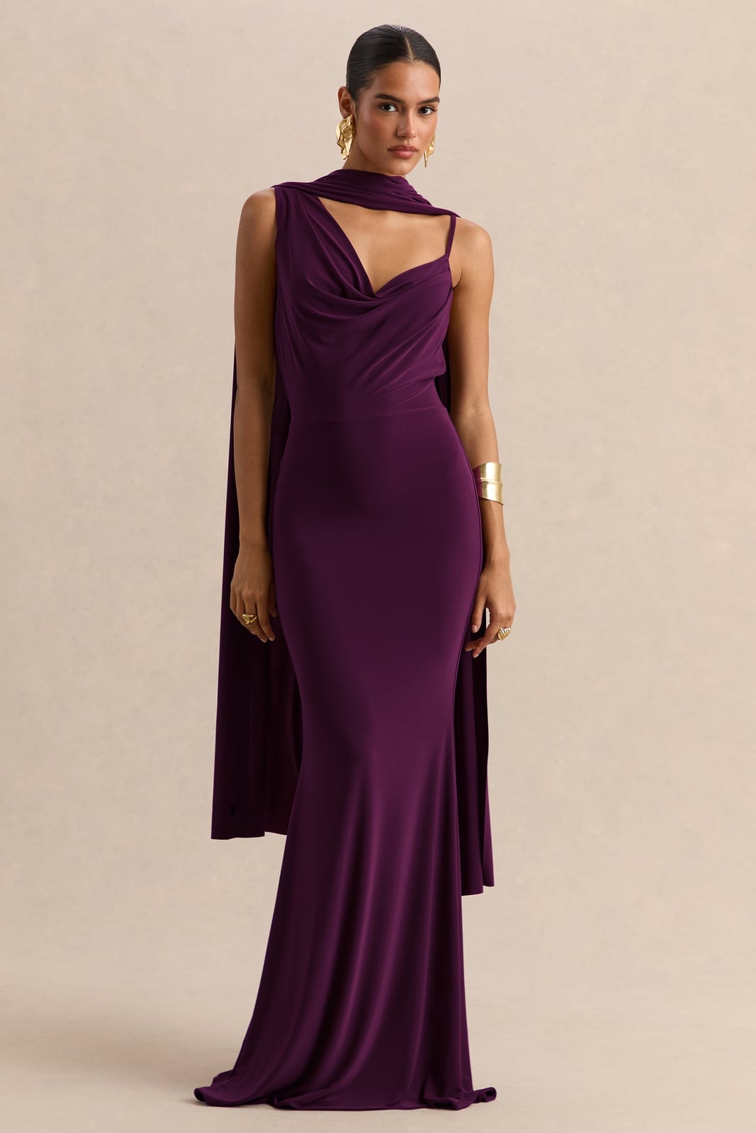 Deep Purple Mermaid Gown with Cowl Neckline and Capelet — Cocktail Dresses Wedding