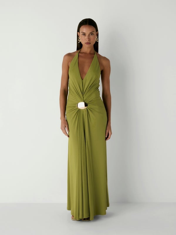 Olive Green Halter Maxi Dress with Gold Buckle — Cocktail Dresses Wedding