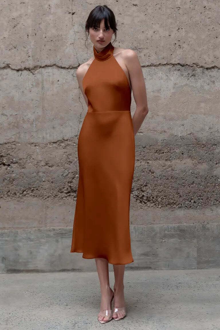 Burnt Orange Satin Halter Neck Midi Dress — Cocktail Dresses Wedding Guest