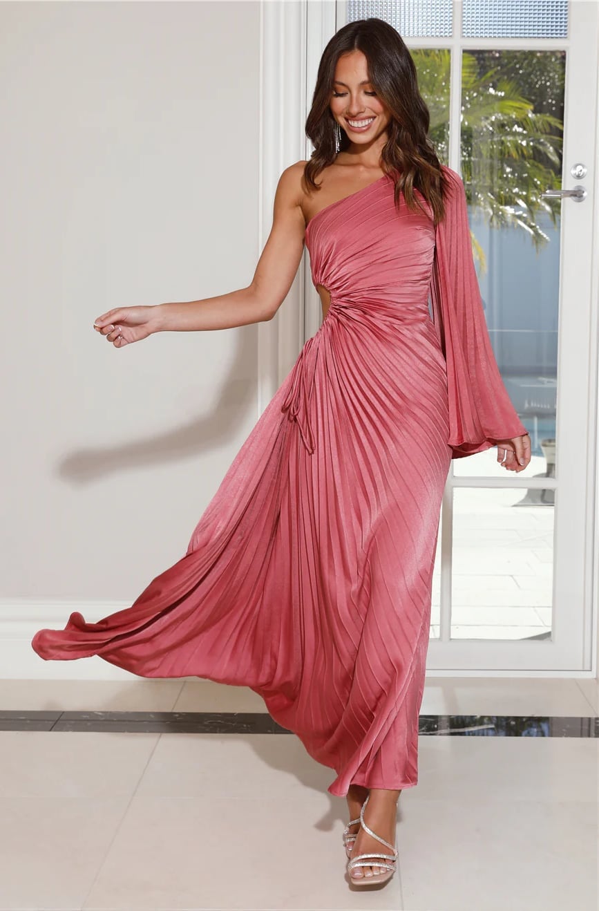Rose Pink One-Shoulder Dress with Bell Sleeve and Pleated Skirt — Cocktail Dresses Wedding Guest