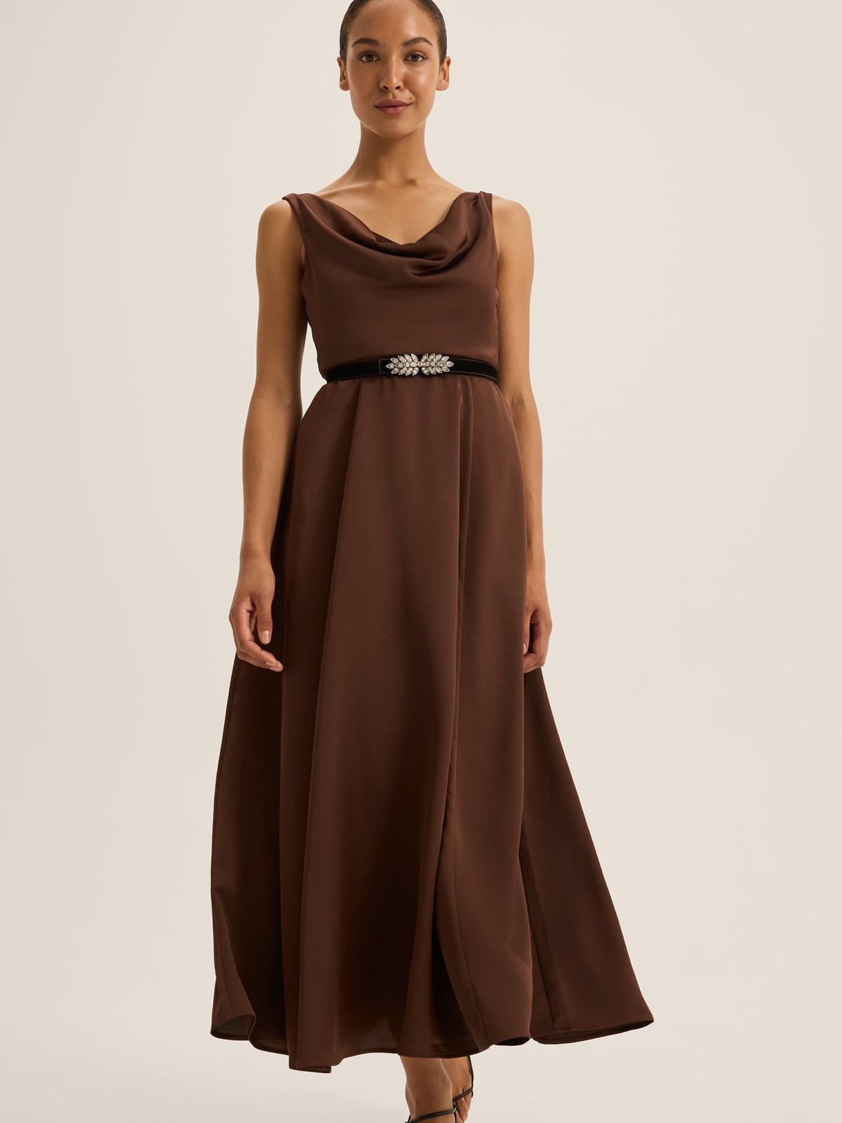 Brown Satin Sleeveless Maxi Dress with Embellished Belt — Cocktail Dresses Wedding Guest
