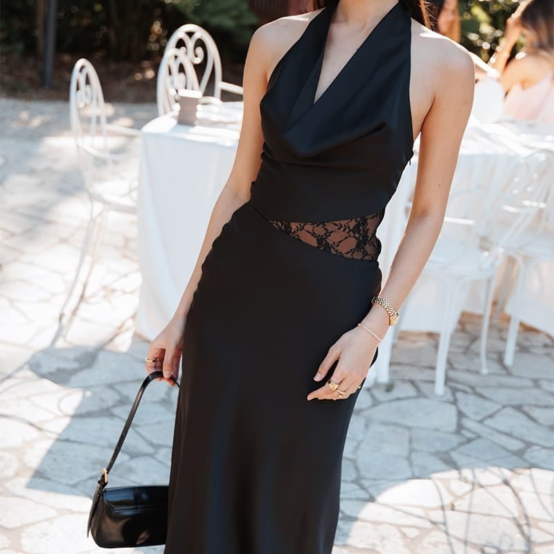Black Satin Halter Neck Column Dress with Lace Panel — Cocktail Dresses Wedding Guest